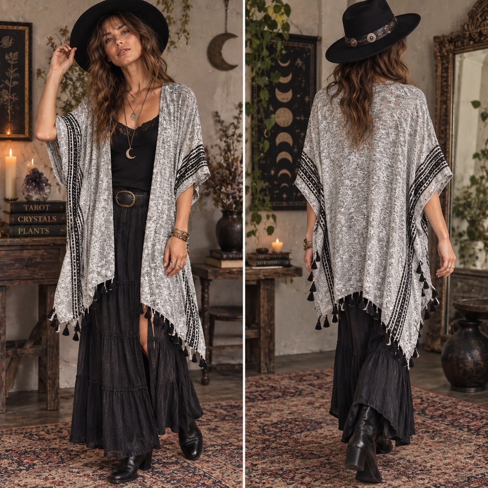 Spun Women Paisley Whimsigoth Kimono Cardigan OS Boho Witchy Fringe Fairy Grunge